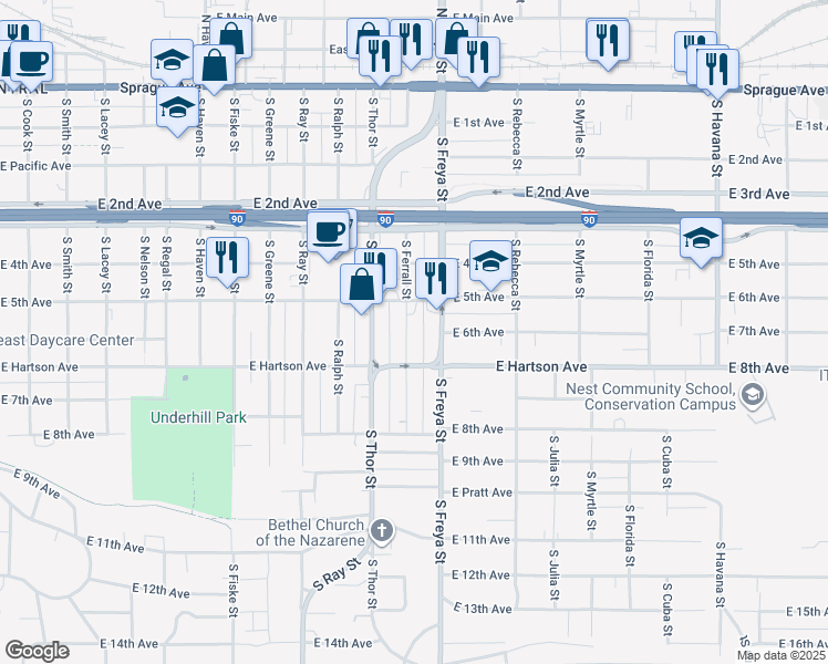map of restaurants, bars, coffee shops, grocery stores, and more near 521 South Ferrall Street in Spokane