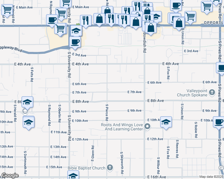 map of restaurants, bars, coffee shops, grocery stores, and more near 11112 East 7th Avenue in Spokane Valley