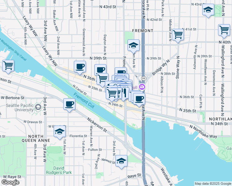 map of restaurants, bars, coffee shops, grocery stores, and more near 3519 Fremont Place North in Seattle