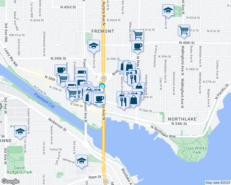 map of restaurants, bars, coffee shops, grocery stores, and more near 3600 Whitman Avenue North in Seattle