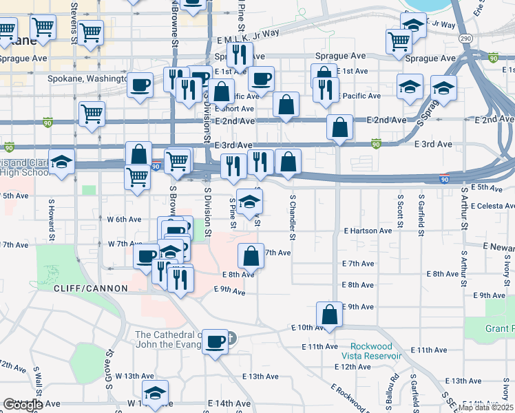map of restaurants, bars, coffee shops, grocery stores, and more near South Cowley Street in Spokane