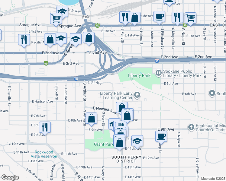 map of restaurants, bars, coffee shops, grocery stores, and more near 1420 East Celesta Avenue in Spokane