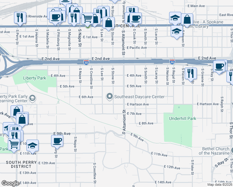 map of restaurants, bars, coffee shops, grocery stores, and more near 2304 East 6th Avenue in Spokane