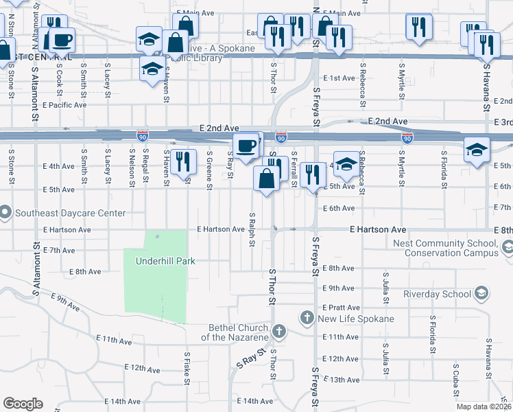 map of restaurants, bars, coffee shops, grocery stores, and more near in Spokane