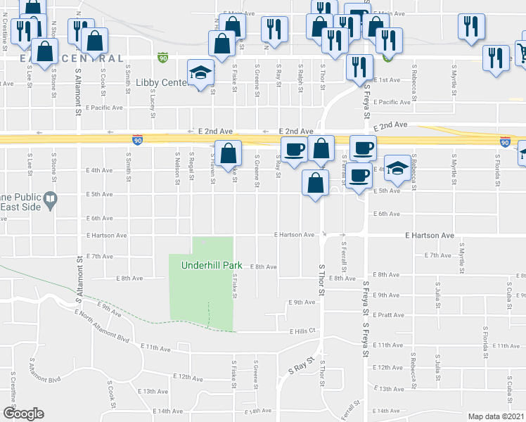 map of restaurants, bars, coffee shops, grocery stores, and more near 608 South Greene Street in Spokane