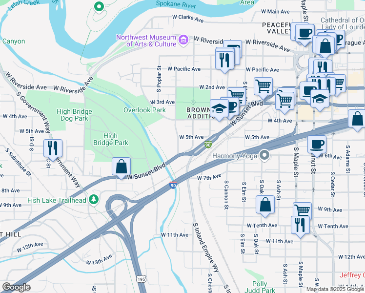 map of restaurants, bars, coffee shops, grocery stores, and more near 2200 West Sunset Boulevard in Spokane
