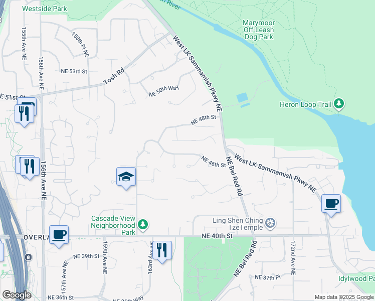 map of restaurants, bars, coffee shops, grocery stores, and more near 16535 Northeast 46th Street in Redmond