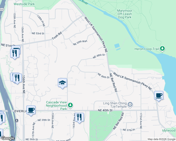 map of restaurants, bars, coffee shops, grocery stores, and more near 16503 Northeast 46th Street in Redmond