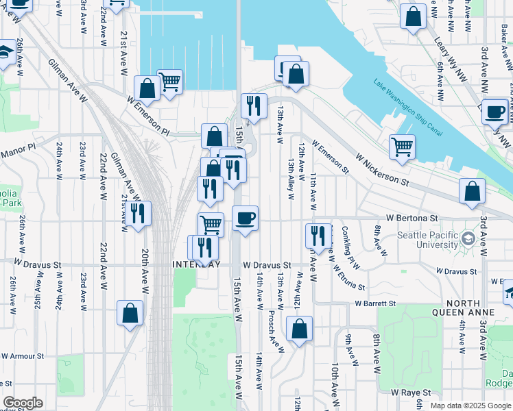 map of restaurants, bars, coffee shops, grocery stores, and more near 1362 West Bertona Street in Seattle