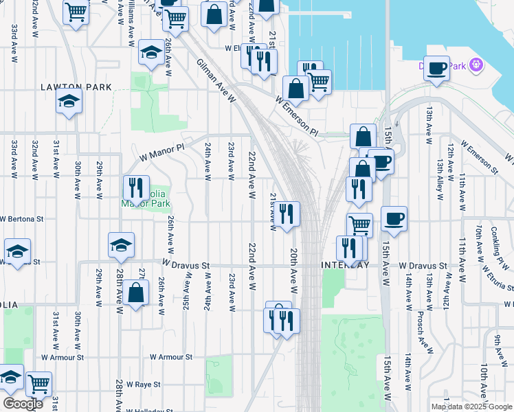 map of restaurants, bars, coffee shops, grocery stores, and more near 3401 22nd Avenue West in Seattle