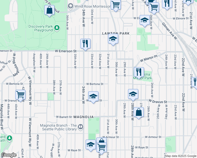 map of restaurants, bars, coffee shops, grocery stores, and more near 3233 32nd Avenue West in Seattle