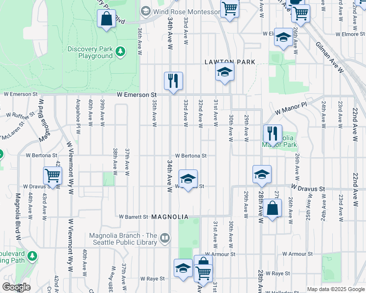 map of restaurants, bars, coffee shops, grocery stores, and more near 3307 West Bertona Street in Seattle