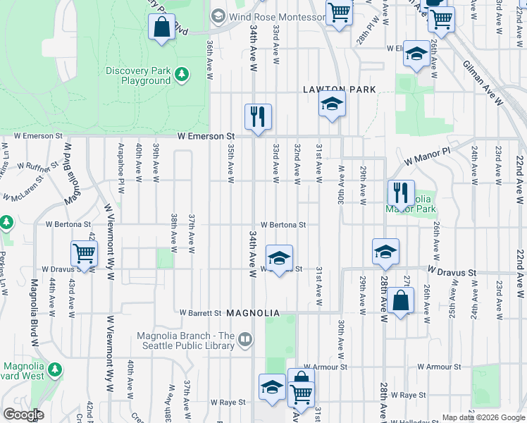 map of restaurants, bars, coffee shops, grocery stores, and more near 3307 West Bertona Street in Seattle