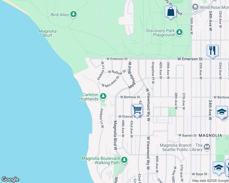 map of restaurants, bars, coffee shops, grocery stores, and more near 4501 West Bertona Street in Seattle