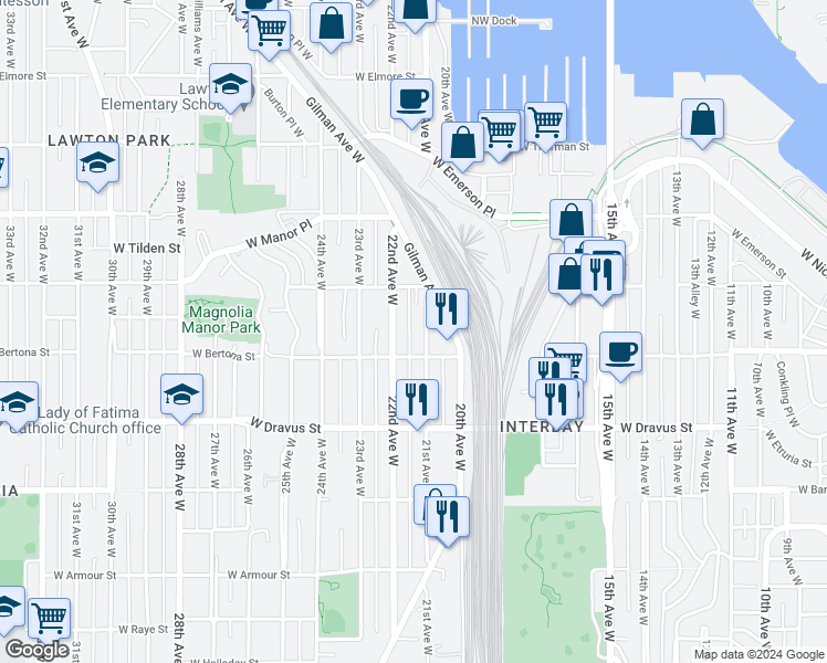 map of restaurants, bars, coffee shops, grocery stores, and more near 3425 21st Avenue West in Seattle