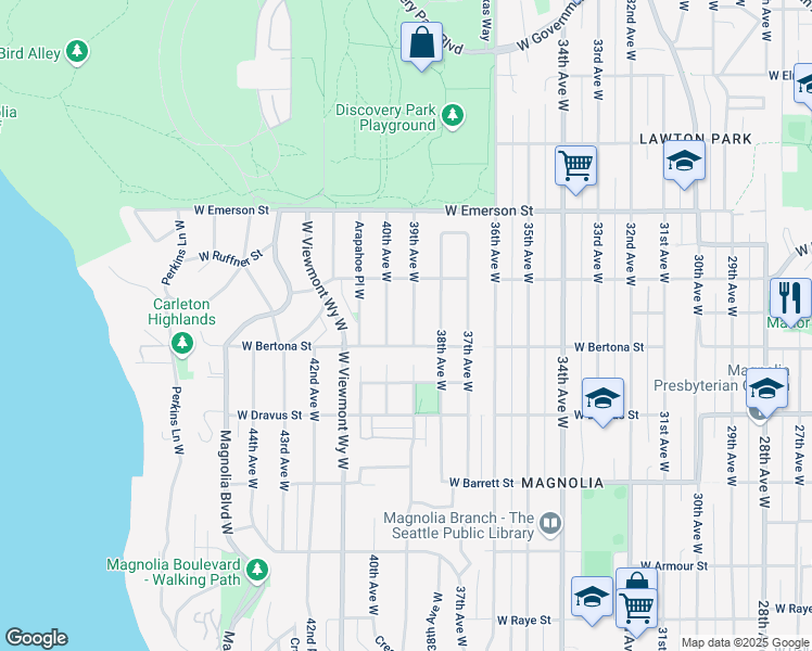 map of restaurants, bars, coffee shops, grocery stores, and more near 3417 39th Avenue West in Seattle