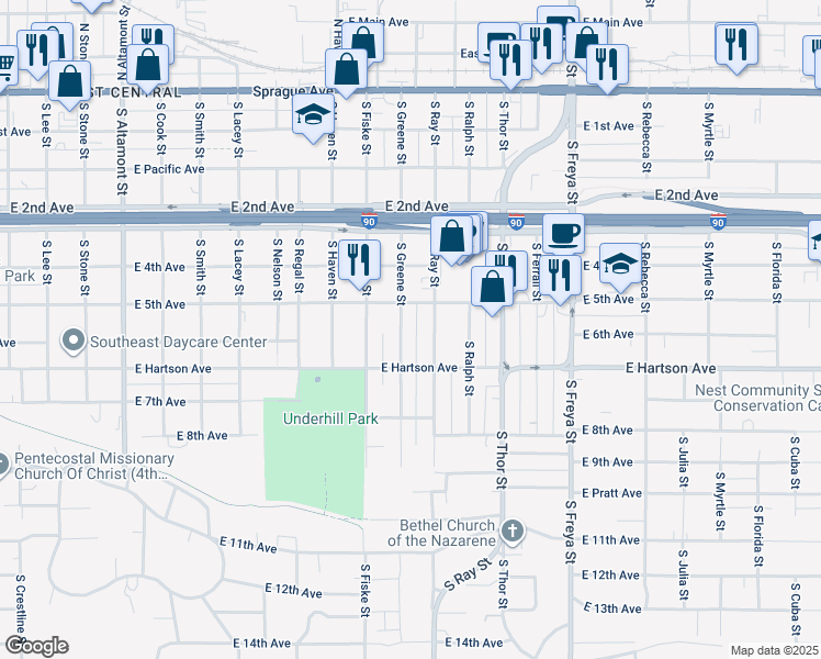 map of restaurants, bars, coffee shops, grocery stores, and more near 608 South Greene Street in Spokane