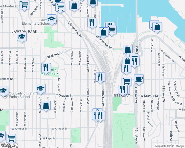 map of restaurants, bars, coffee shops, grocery stores, and more near 3425 21st Avenue West in Seattle