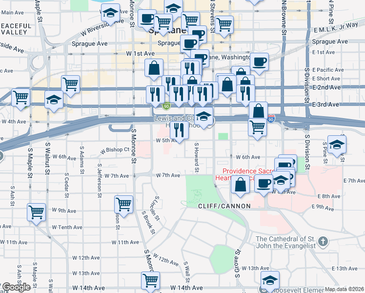 map of restaurants, bars, coffee shops, grocery stores, and more near 605 West 6th Avenue in Spokane
