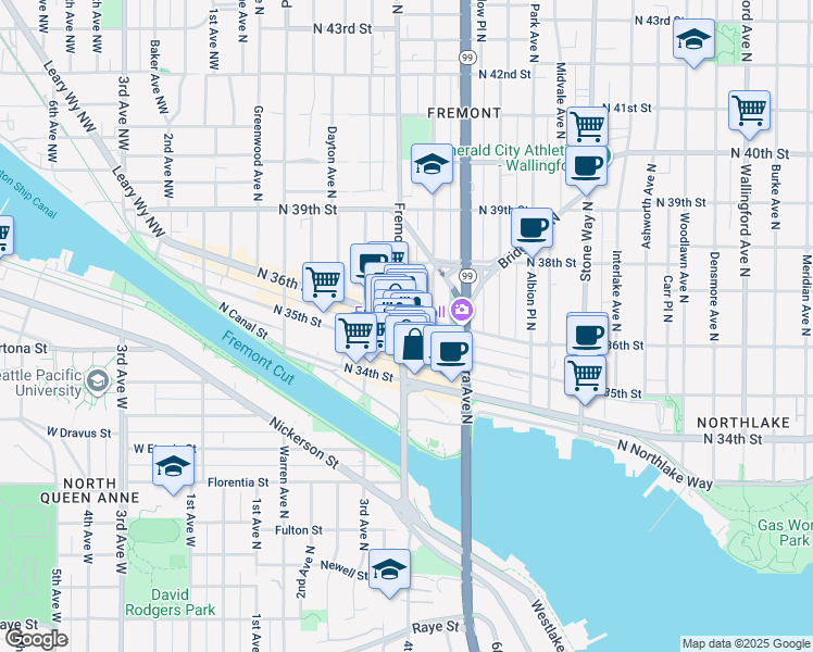 map of restaurants, bars, coffee shops, grocery stores, and more near 720 North 35th Street in Seattle