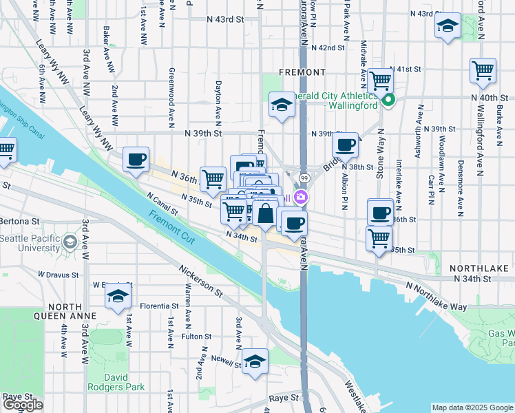 map of restaurants, bars, coffee shops, grocery stores, and more near 619 North 35th Street in Seattle