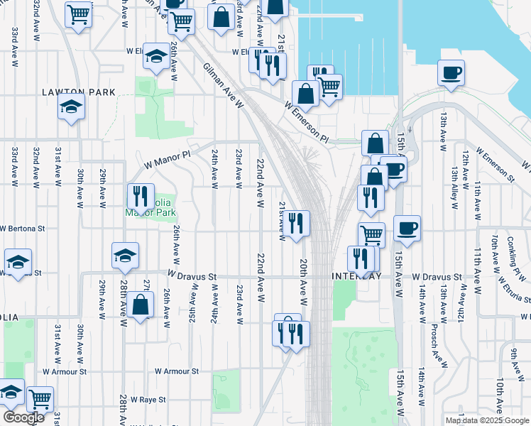 map of restaurants, bars, coffee shops, grocery stores, and more near 3401 22nd Avenue West in Seattle