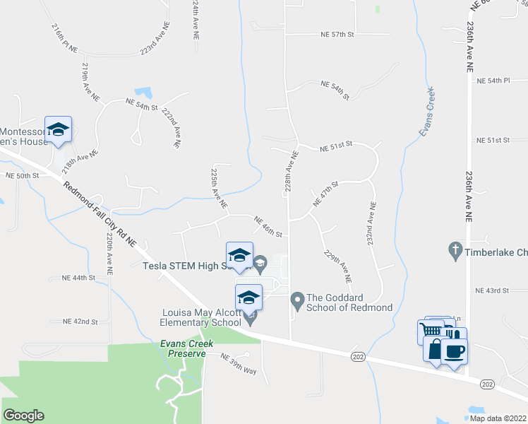 map of restaurants, bars, coffee shops, grocery stores, and more near 22542 Northeast 46th Street in Redmond