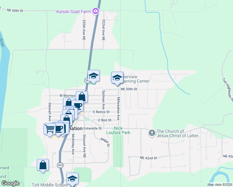 map of restaurants, bars, coffee shops, grocery stores, and more near 4952 Milwaukee Avenue in Carnation
