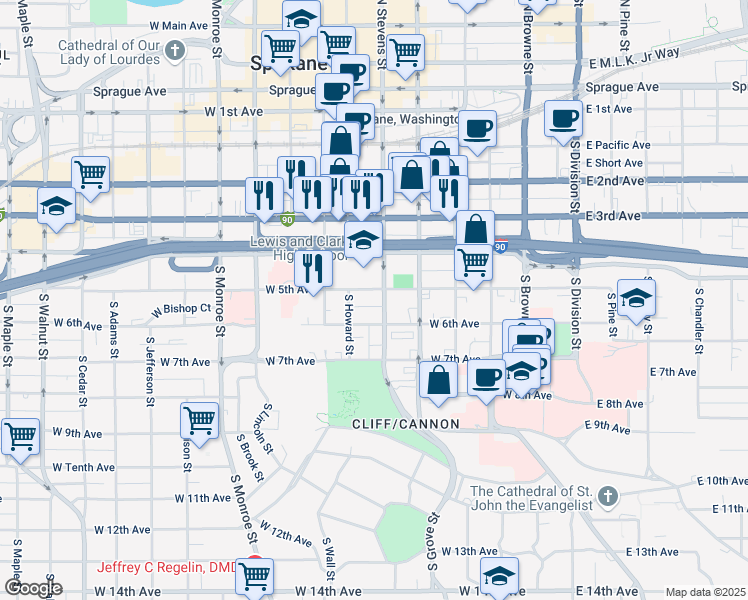 map of restaurants, bars, coffee shops, grocery stores, and more near 508 West 6th Avenue in Spokane