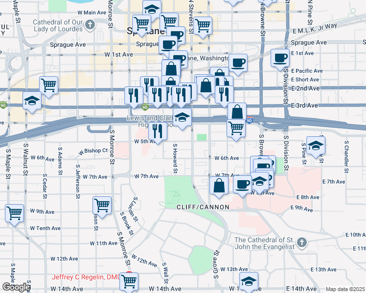 map of restaurants, bars, coffee shops, grocery stores, and more near 508 West 6th Avenue in Spokane