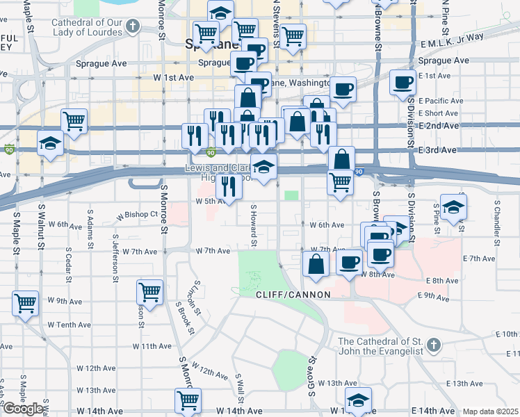 map of restaurants, bars, coffee shops, grocery stores, and more near 508 West 6th Avenue in Spokane
