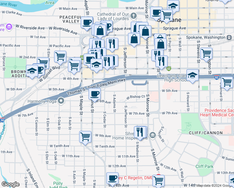 map of restaurants, bars, coffee shops, grocery stores, and more near 1220 West 6th Avenue in Spokane