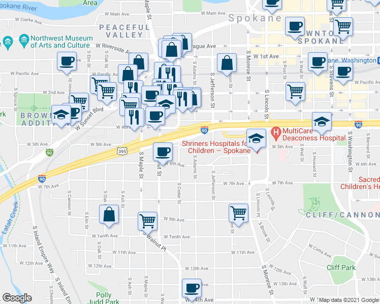 map of restaurants, bars, coffee shops, grocery stores, and more near 1310 West 6th Avenue in Spokane