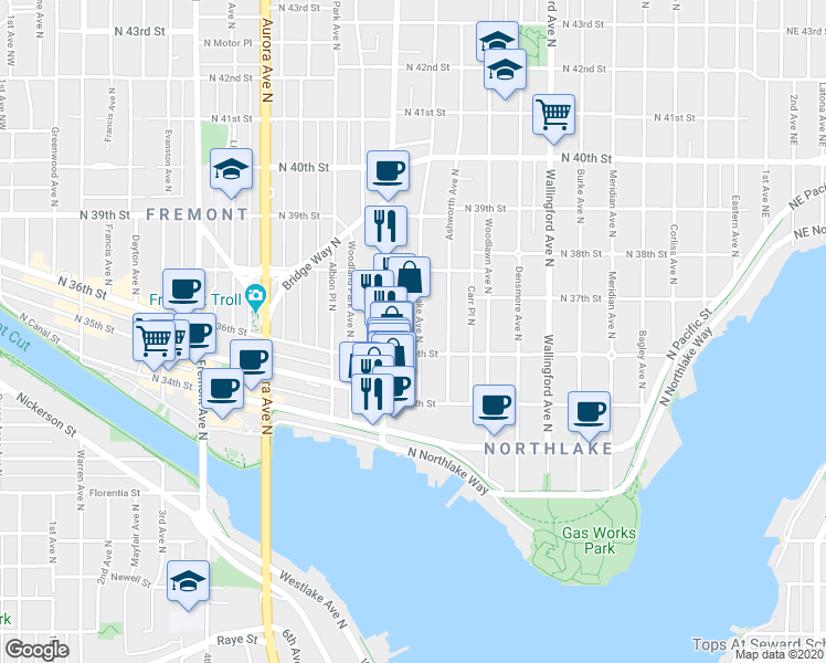 map of restaurants, bars, coffee shops, grocery stores, and more near 1322 North 36th Street in Seattle