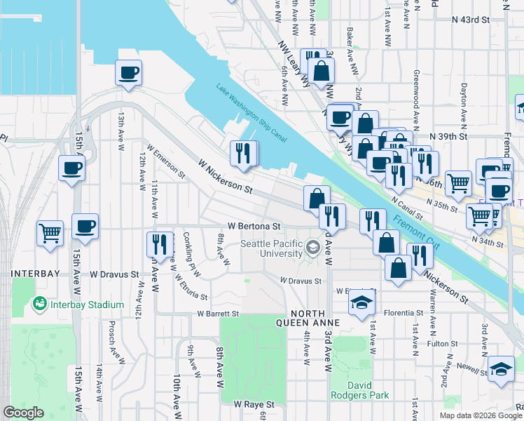 map of restaurants, bars, coffee shops, grocery stores, and more near 605 West Bertona Street in Seattle
