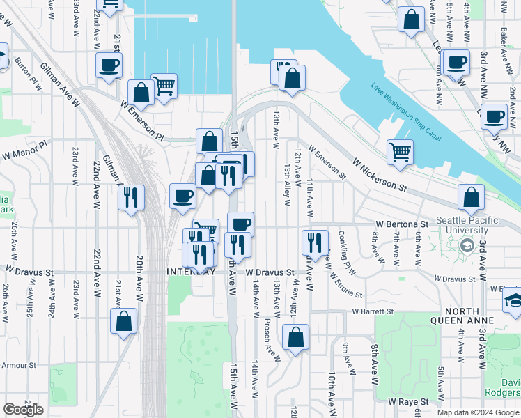 map of restaurants, bars, coffee shops, grocery stores, and more near 1362 West Bertona Street in Seattle