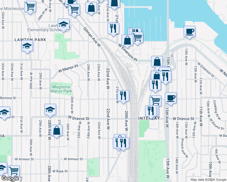 map of restaurants, bars, coffee shops, grocery stores, and more near 3403 21st Avenue West in Seattle