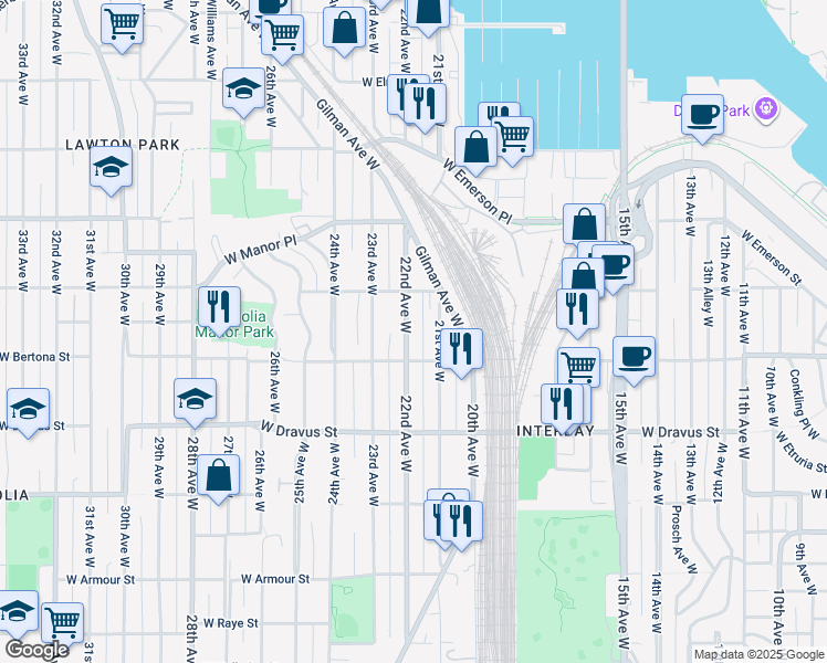 map of restaurants, bars, coffee shops, grocery stores, and more near 3401 22nd Avenue West in Seattle