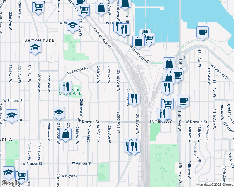 map of restaurants, bars, coffee shops, grocery stores, and more near 3401 22nd Avenue West in Seattle