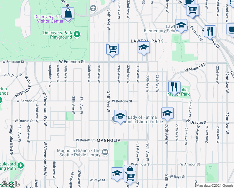 map of restaurants, bars, coffee shops, grocery stores, and more near 3307 West Bertona Street in Seattle