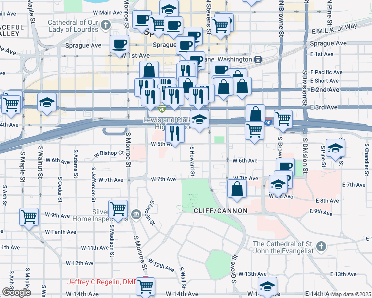 map of restaurants, bars, coffee shops, grocery stores, and more near 605 West 6th Avenue in Spokane