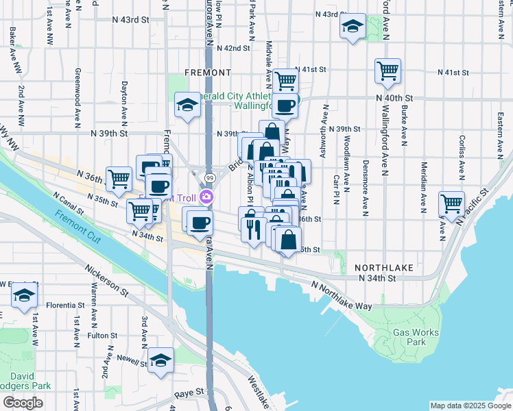 map of restaurants, bars, coffee shops, grocery stores, and more near 3617 Woodland Park Avenue North in Seattle