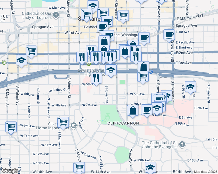 map of restaurants, bars, coffee shops, grocery stores, and more near 508 West 6th Avenue in Spokane