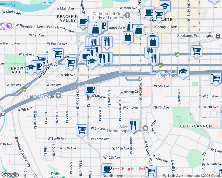 map of restaurants, bars, coffee shops, grocery stores, and more near 1227 West 5th Avenue in Spokane