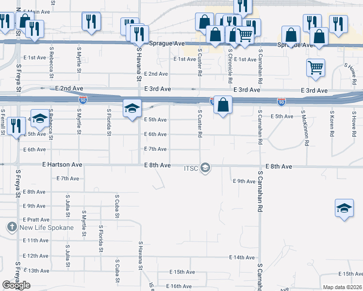 map of restaurants, bars, coffee shops, grocery stores, and more near 4514 East 7th Avenue in Spokane Valley