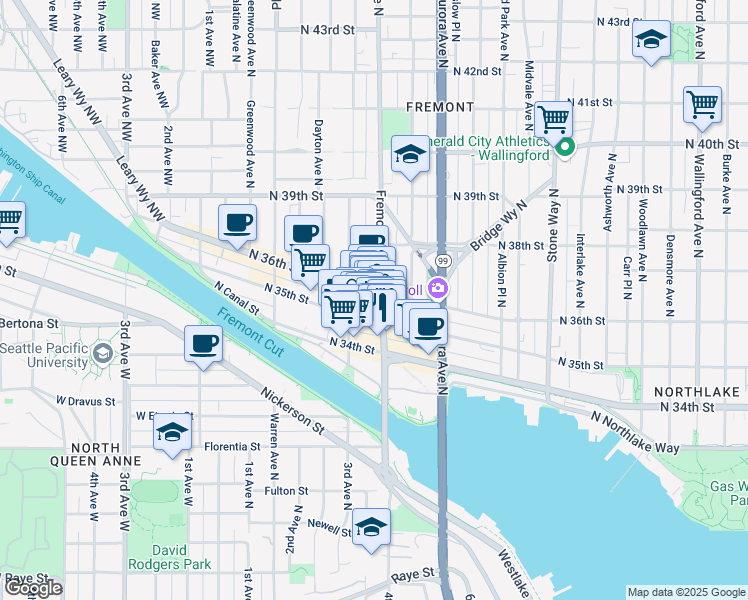 map of restaurants, bars, coffee shops, grocery stores, and more near 619 North 35th Street in Seattle