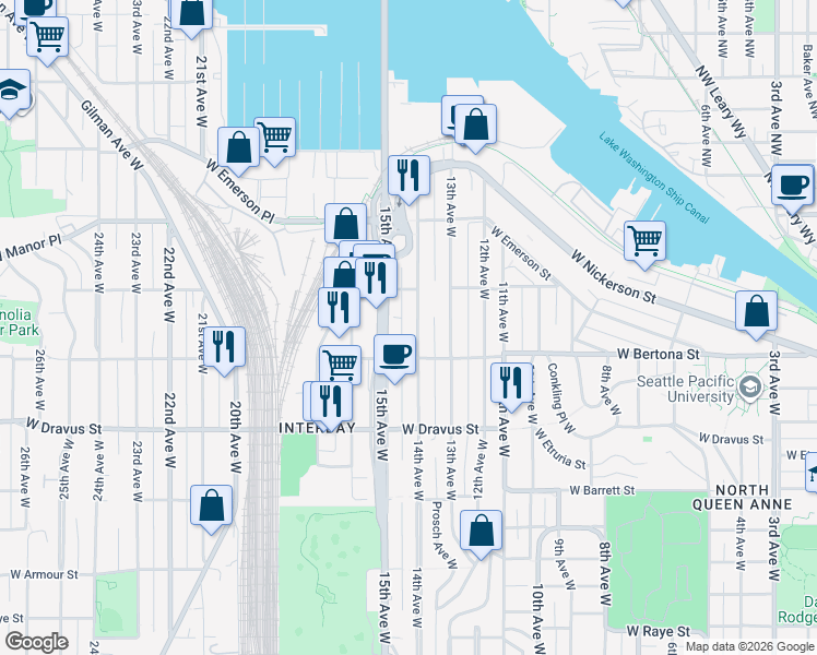 map of restaurants, bars, coffee shops, grocery stores, and more near in Seattle