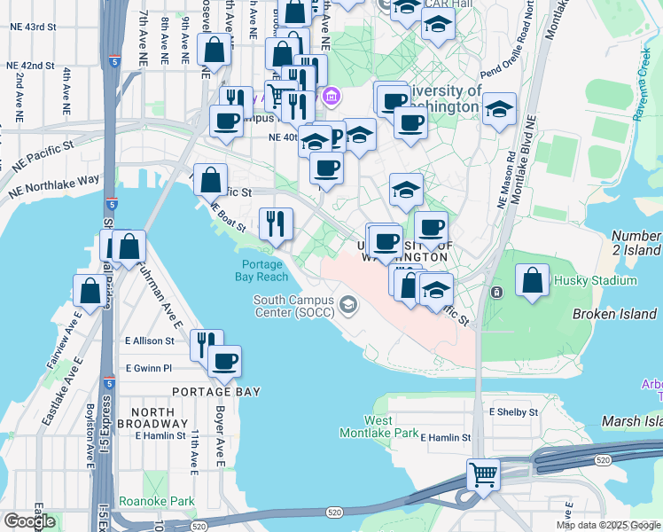 map of restaurants, bars, coffee shops, grocery stores, and more near in Seattle