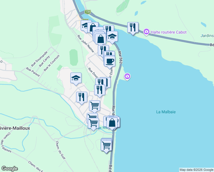 map of restaurants, bars, coffee shops, grocery stores, and more near 435 Rue Saint Étienne in La Malbaie