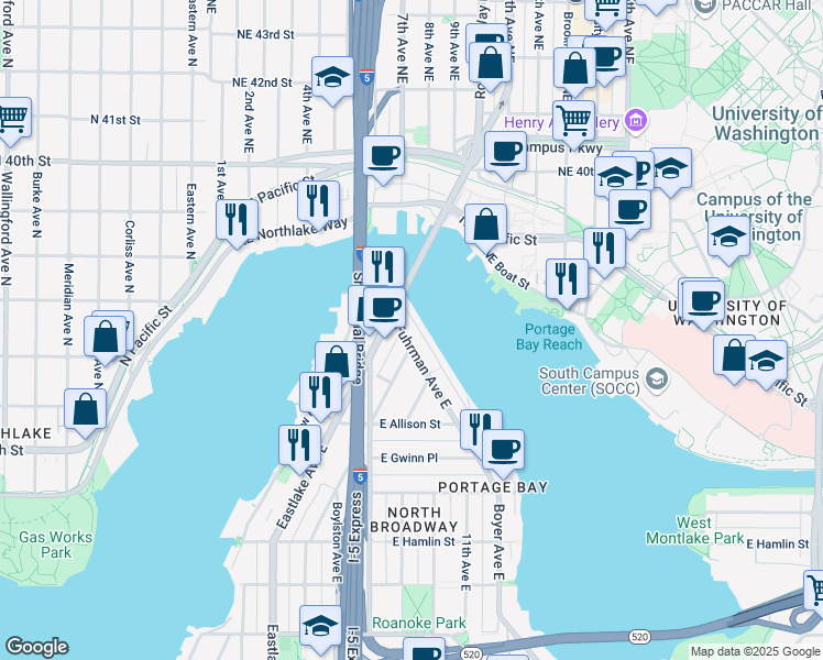 map of restaurants, bars, coffee shops, grocery stores, and more near 3218 Franklin Avenue East in Seattle
